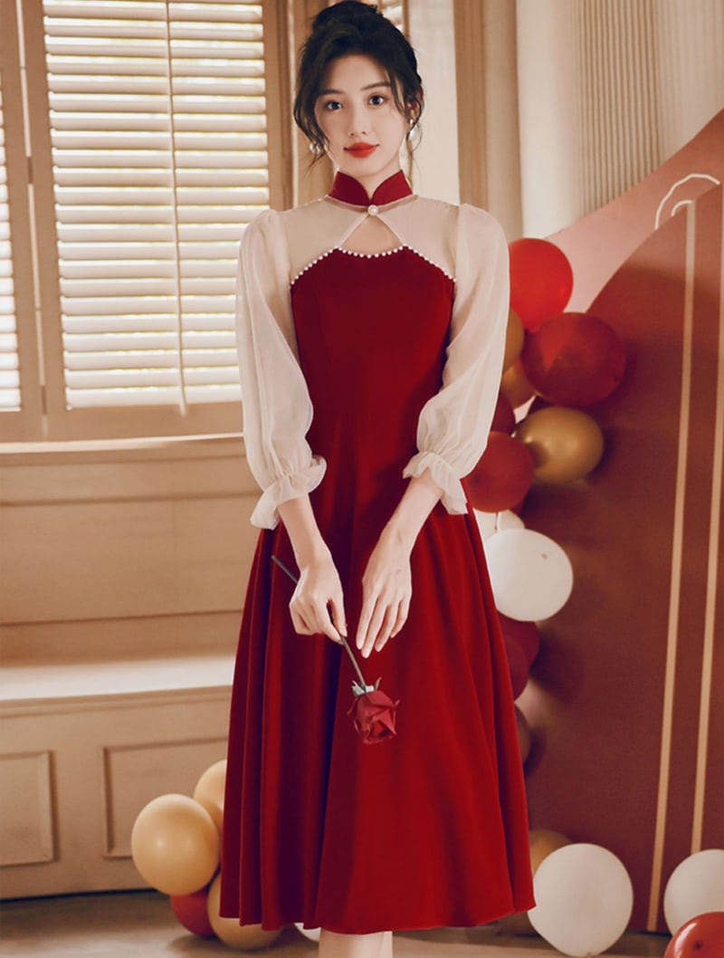 Burgundy Long Puff Sleeve Qipao Prom Midi Semi Formal Dress01