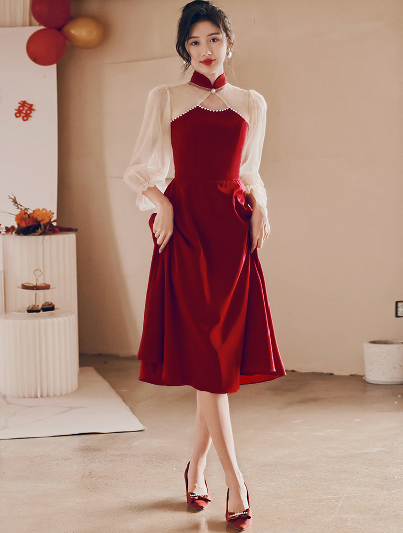 Burgundy Long Puff Sleeve Qipao Prom Midi Semi Formal Dress04