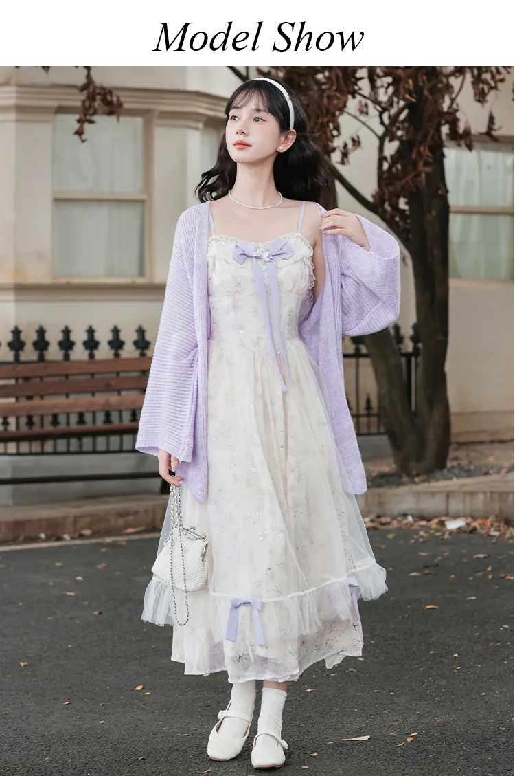 Charming-Floral-Mesh-Spaghetti-Strap-Dress-with-Purple-Cardigan-Set11