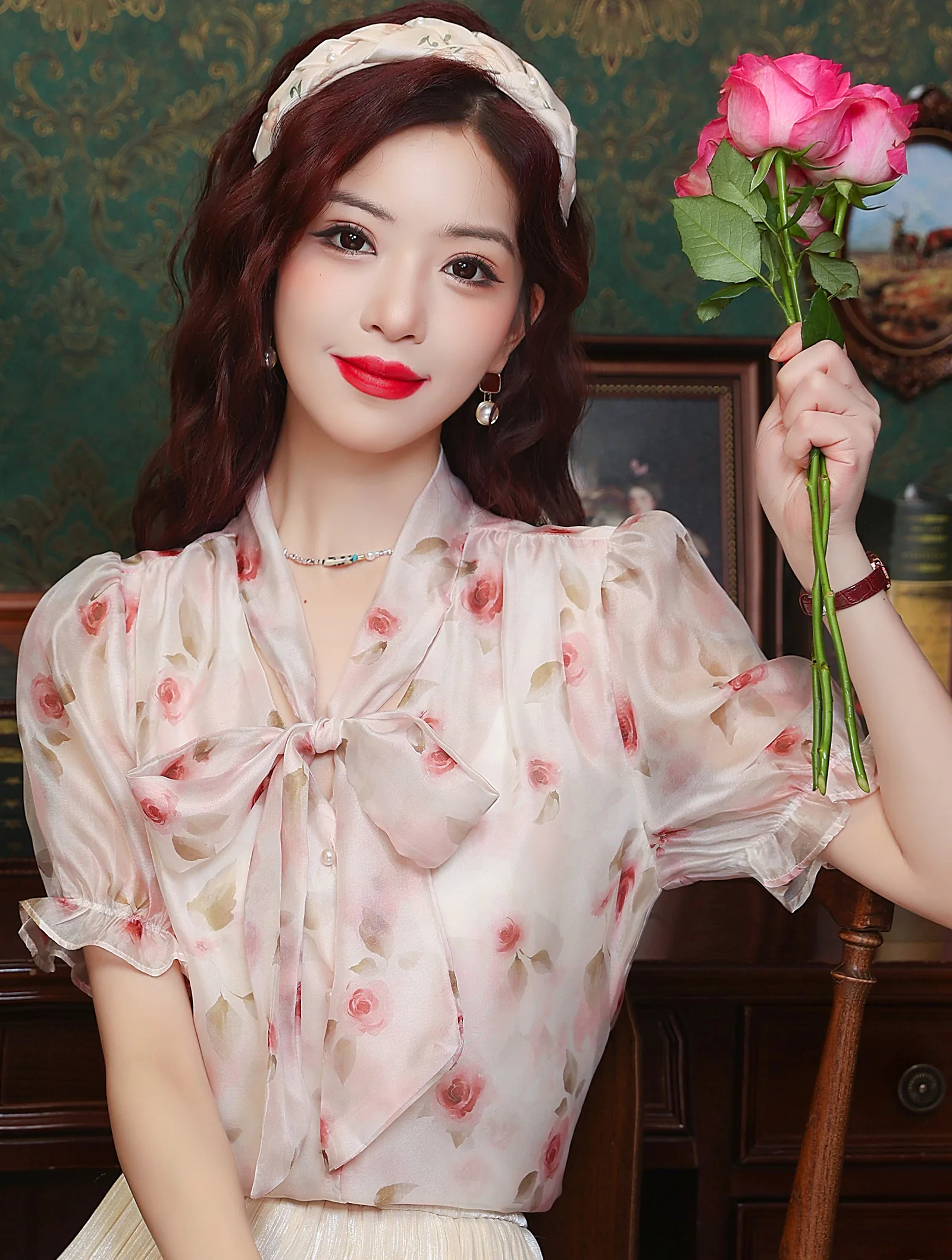 Charming French Style Bow Ribbon Pink Floral Casual Chiffon Shirt02
