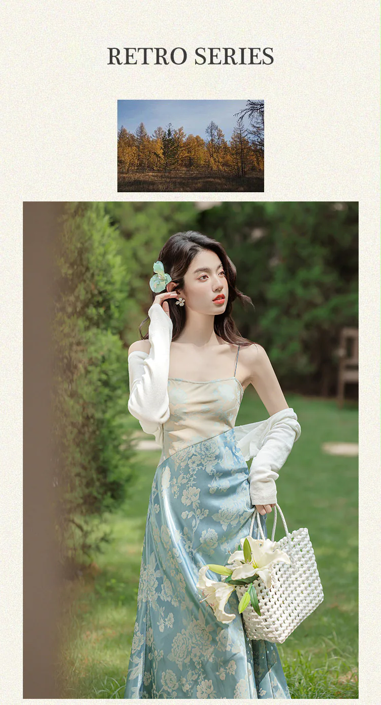 Chic-Blue-Floral-Jacquard-Casual-Strap-Dress-with-White-Cardigan-Set07