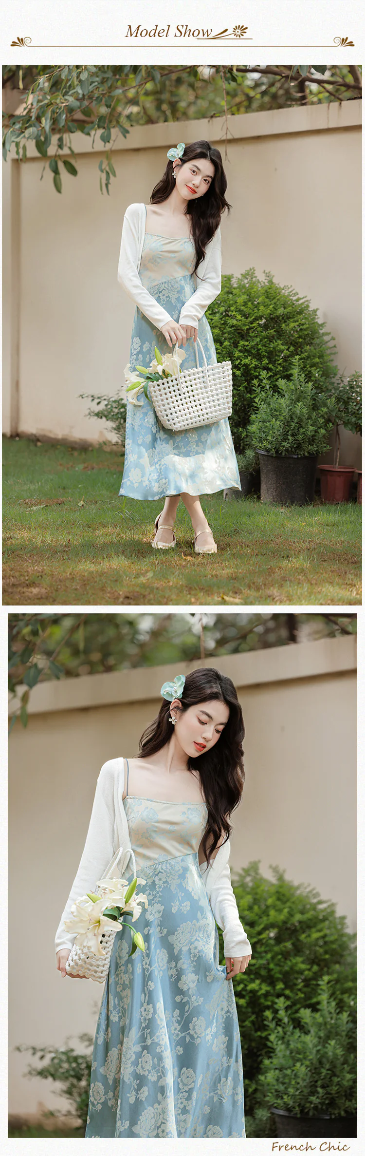 Chic-Blue-Floral-Jacquard-Casual-Strap-Dress-with-White-Cardigan-Set09