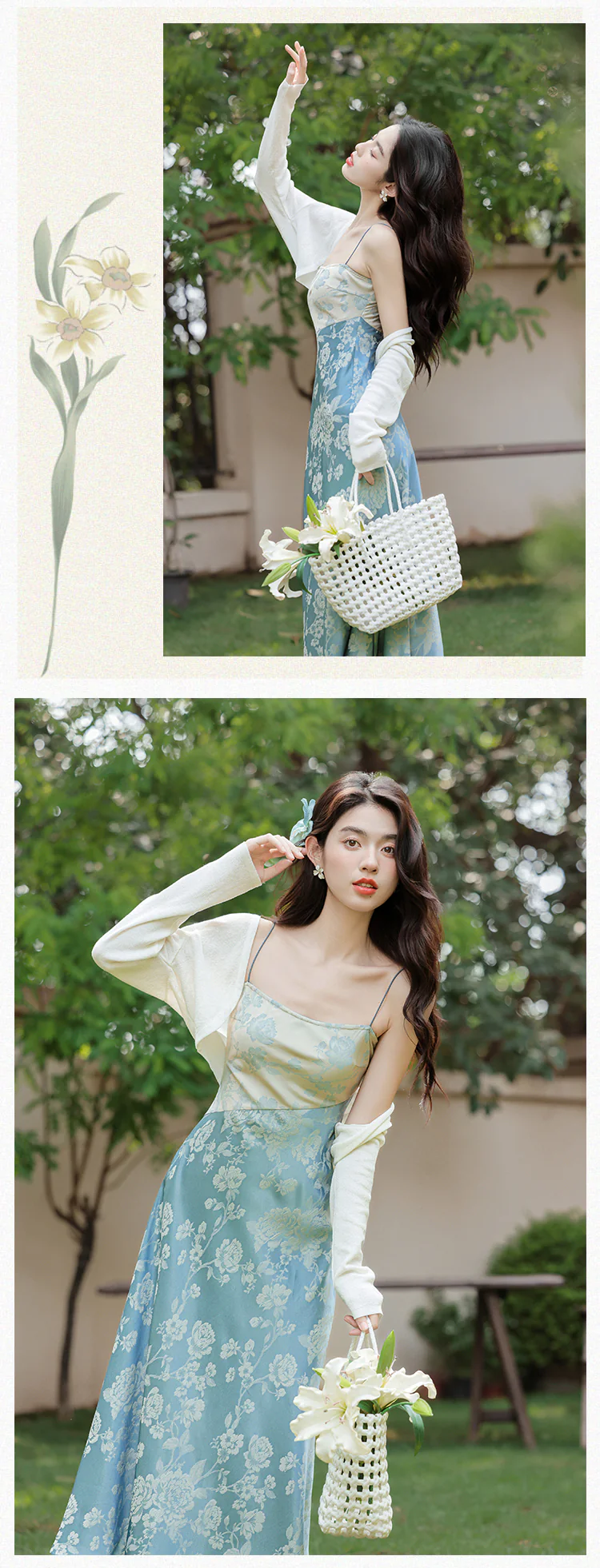 Chic-Blue-Floral-Jacquard-Casual-Strap-Dress-with-White-Cardigan-Set10