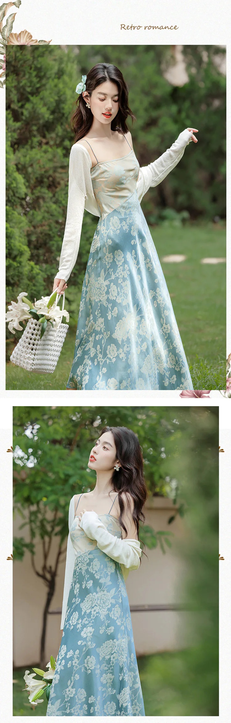 Chic-Blue-Floral-Jacquard-Casual-Strap-Dress-with-White-Cardigan-Set11
