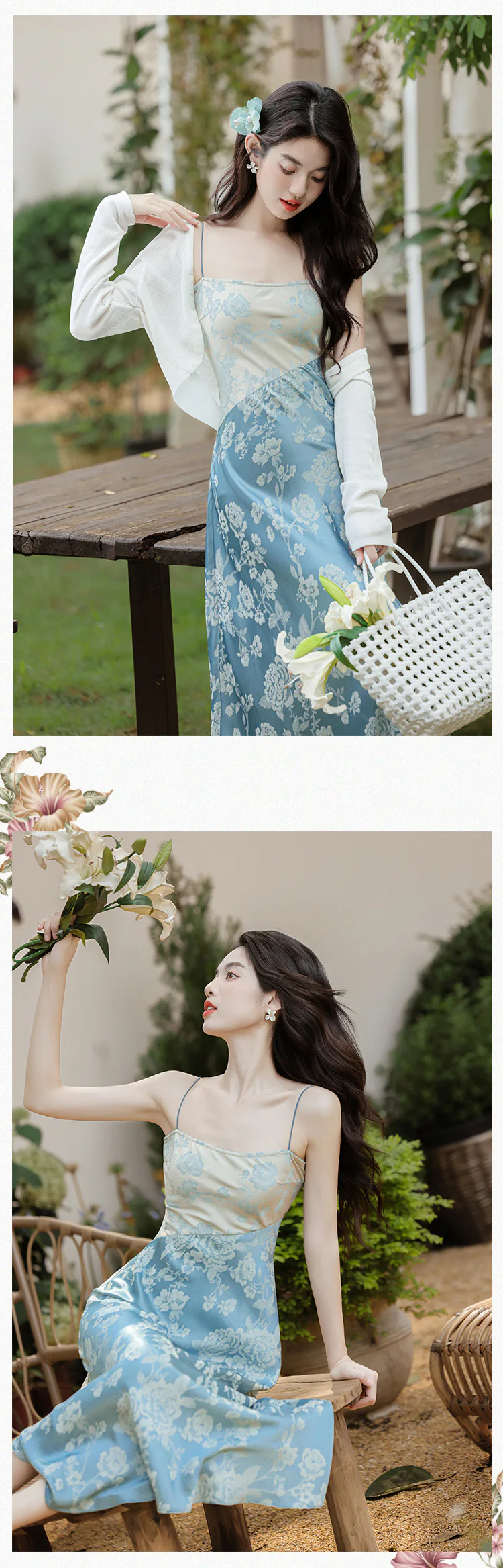 Chic-Blue-Floral-Jacquard-Casual-Strap-Dress-with-White-Cardigan-Set12