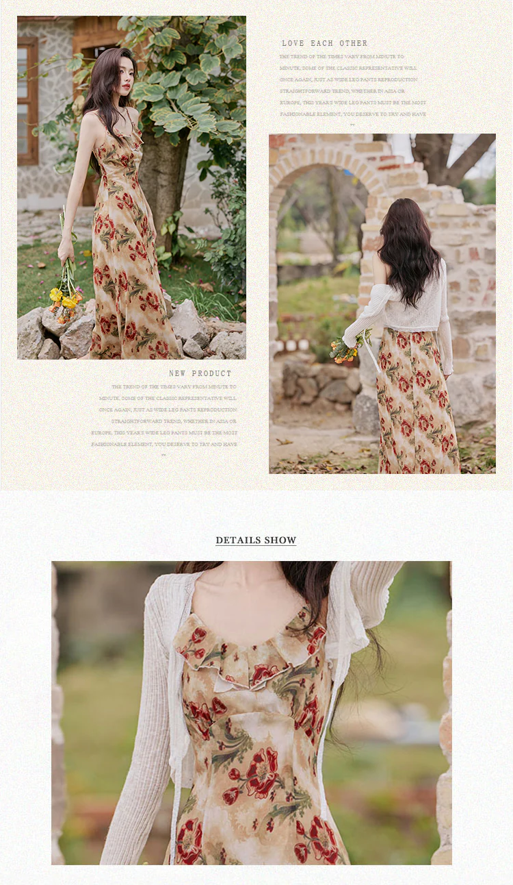 Chic-Floral-Ruffle-Neckline-Strap-Dress-with-White-Cardigan-Casual-Set08