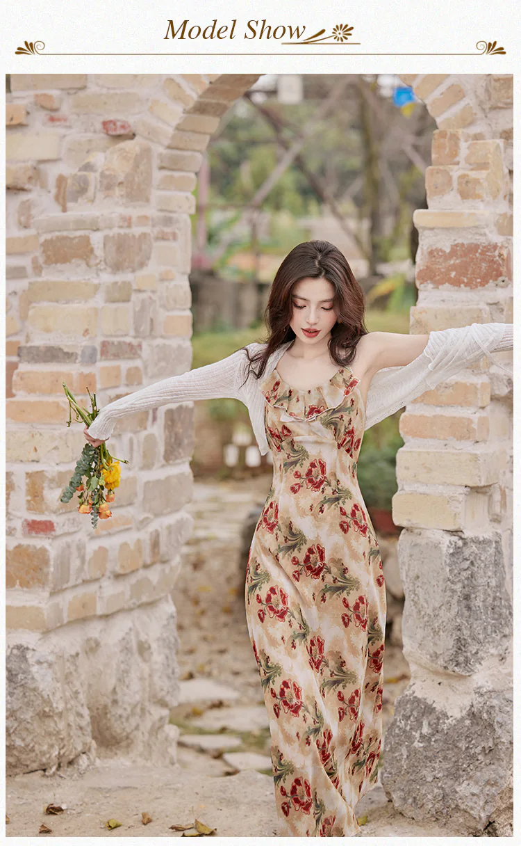 Chic-Floral-Ruffle-Neckline-Strap-Dress-with-White-Cardigan-Casual-Set09