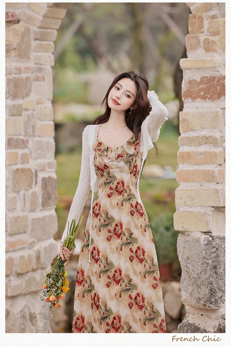 Chic Floral Ruffle Neckline Strap Dress with White Cardigan Casual Set -  FloraShe