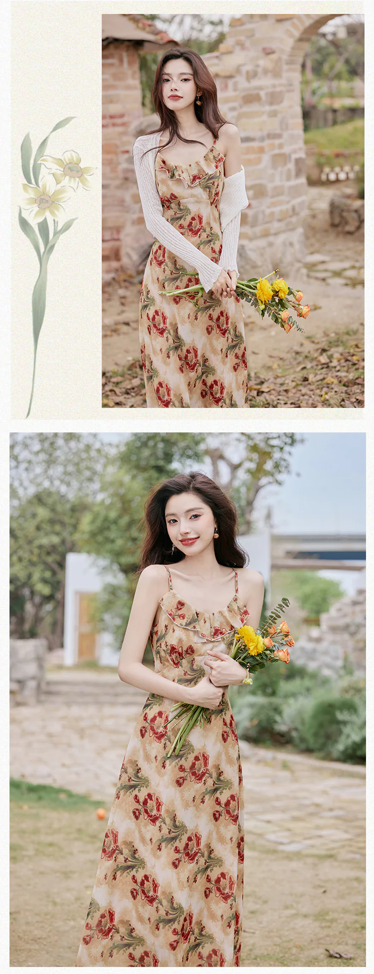 Chic-Floral-Ruffle-Neckline-Strap-Dress-with-White-Cardigan-Casual-Set11