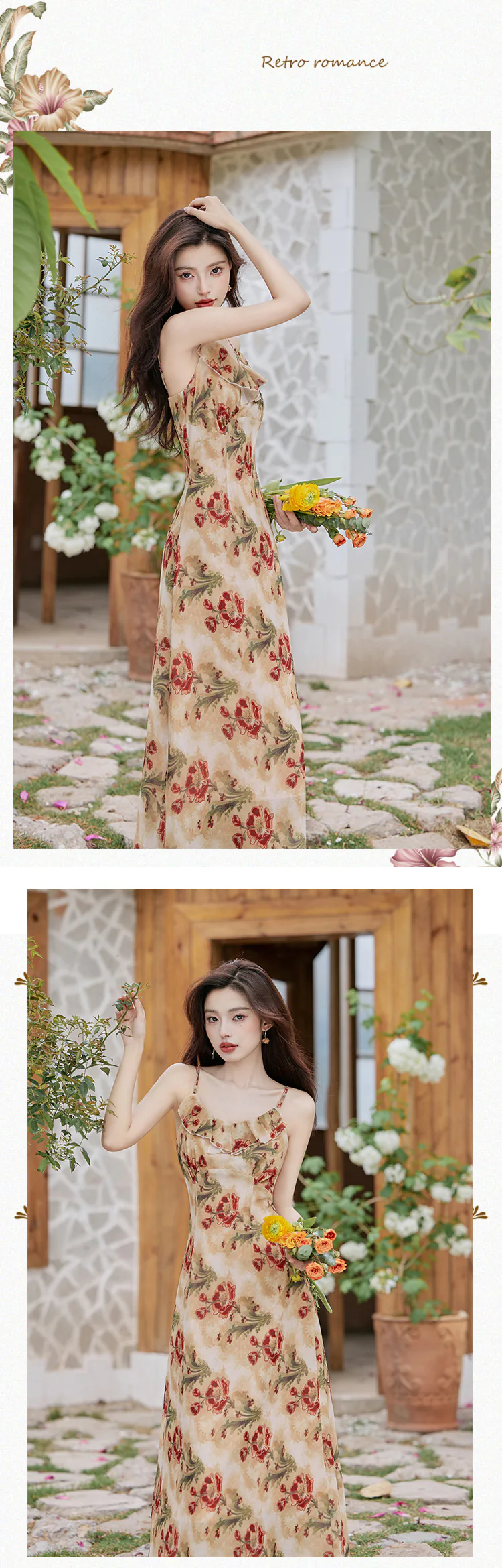 Chic-Floral-Ruffle-Neckline-Strap-Dress-with-White-Cardigan-Casual-Set12