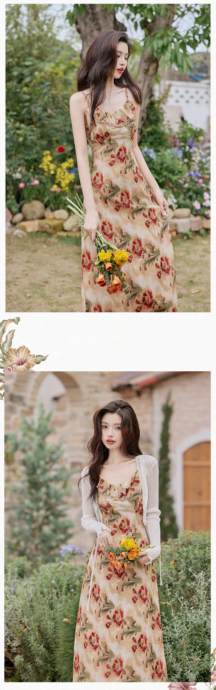 Chic-Floral-Ruffle-Neckline-Strap-Dress-with-White-Cardigan-Casual-Set13