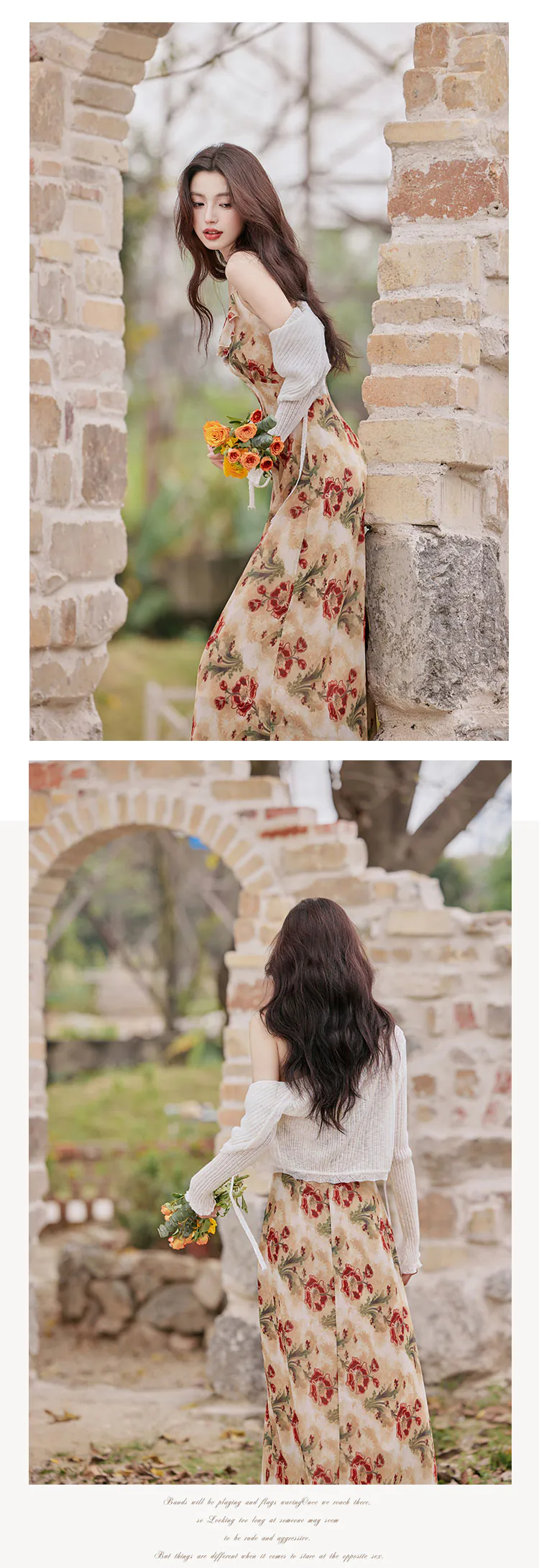 Chic-Floral-Ruffle-Neckline-Strap-Dress-with-White-Cardigan-Casual-Set14