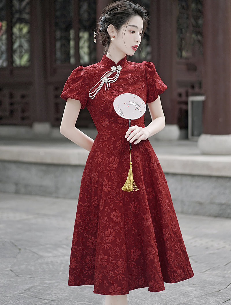 Chic Jacquard Mock Neck Modern Qipao Dress Prom Midi Gown01