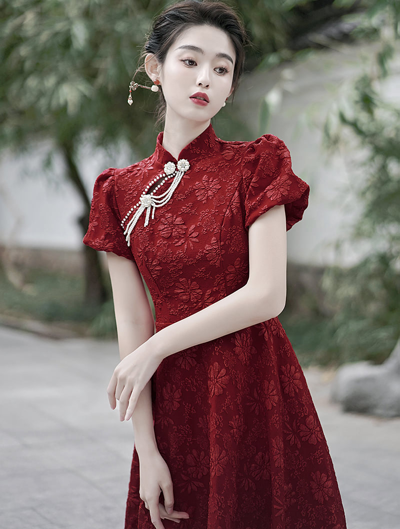 Chic Jacquard Mock Neck Modern Qipao Dress Prom Midi Gown02