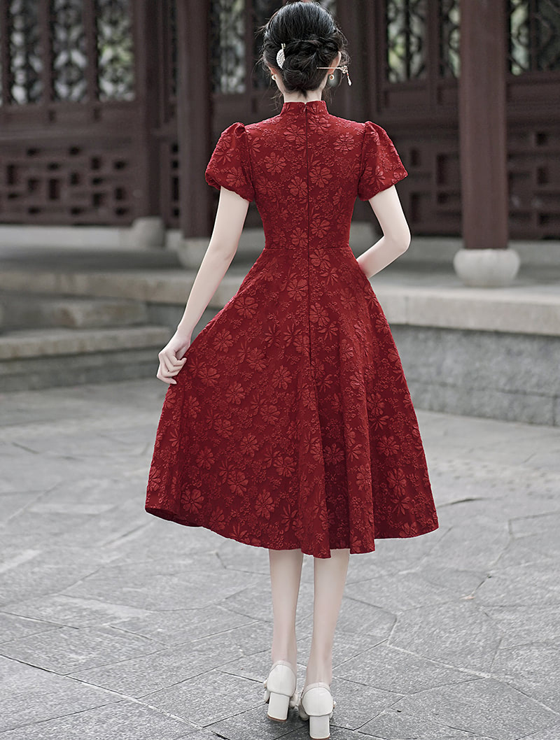 Chic Jacquard Mock Neck Modern Qipao Dress Prom Midi Gown05
