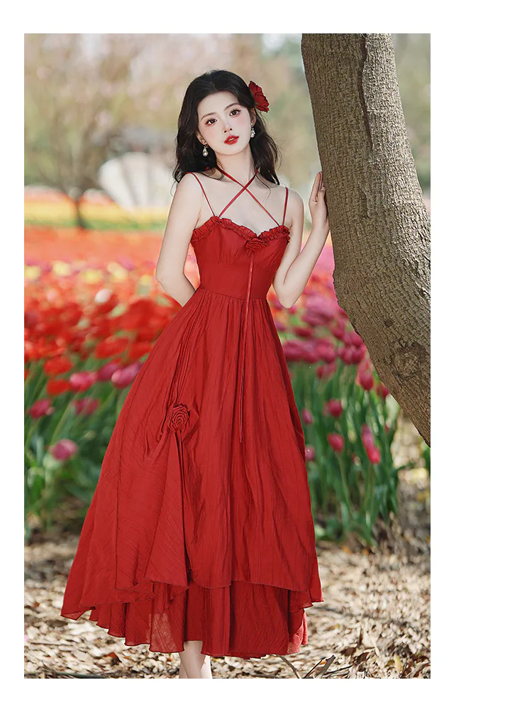 Chic Red Flowy Strap Dress with Cardigan Summer Beach Casual Outfit (Size: S) Chic Red Flowy Strap Dress with Cardigan Summer Beach Casual Outfit (Size: S)