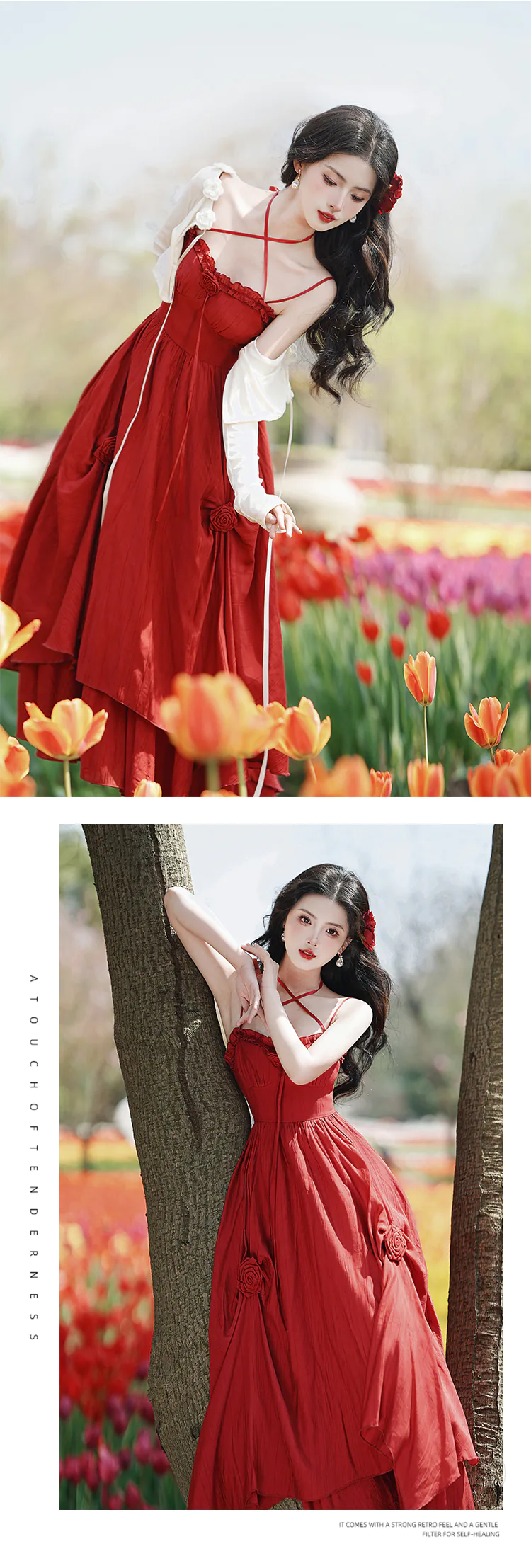 Chic Red Flowy Strap Dress with Cardigan Summer Beach Casual Outfit (Size: S) Chic Red Flowy Strap Dress with Cardigan Summer Beach Casual Outfit (Size: S)