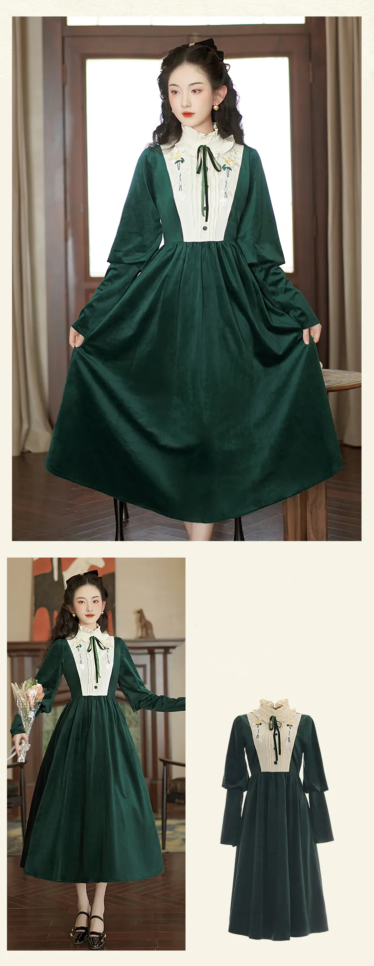 Chic-Vintage-Style-Green-Velvet-Ruffle-Neck-Long-Sleeve-Casual-Dress08