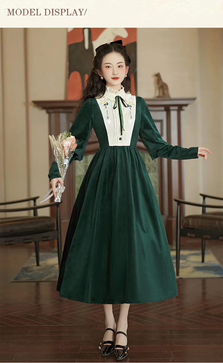 Chic-Vintage-Style-Green-Velvet-Ruffle-Neck-Long-Sleeve-Casual-Dress11