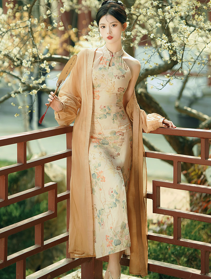 Chinese Lotus Print Modern Halter Qipao Cheongsam Casual Dress01