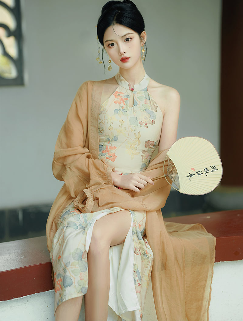 Chinese Lotus Print Modern Halter Qipao Cheongsam Casual Dress02