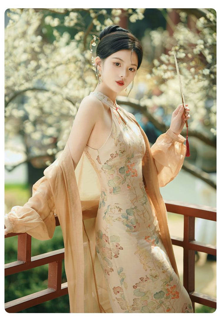 Chinese-Lotus-Print-Modern-Halter-Qipao-Cheongsam-Casual-Dress12