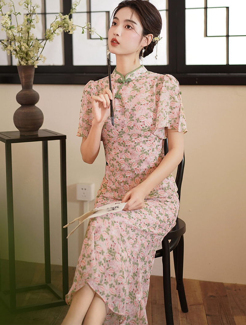 Chinese Modern Pink Floral Print Cheongsam Daily Qipao Dress02