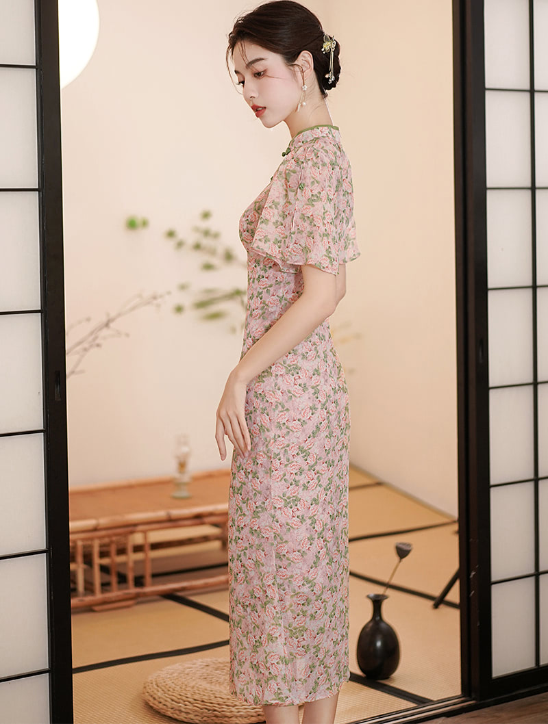 Chinese Modern Pink Floral Print Cheongsam Daily Qipao Dress01