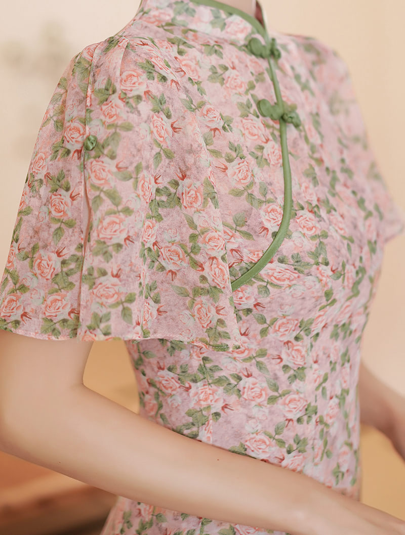 Chinese Modern Pink Floral Print Cheongsam Daily Qipao Dress01