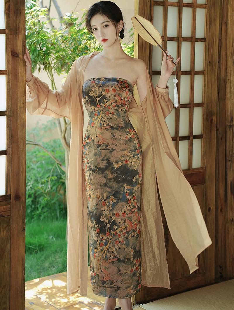 Chinese Retro Style Print Qipao Dress Traditional Cheongsam Attire01