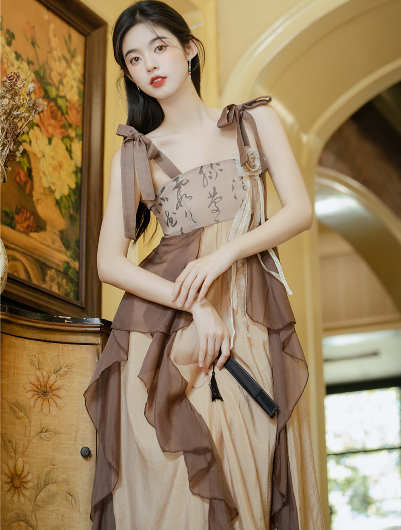Chinese Traditional Costume Brown Slip Dress Modern Hanfu Suit02