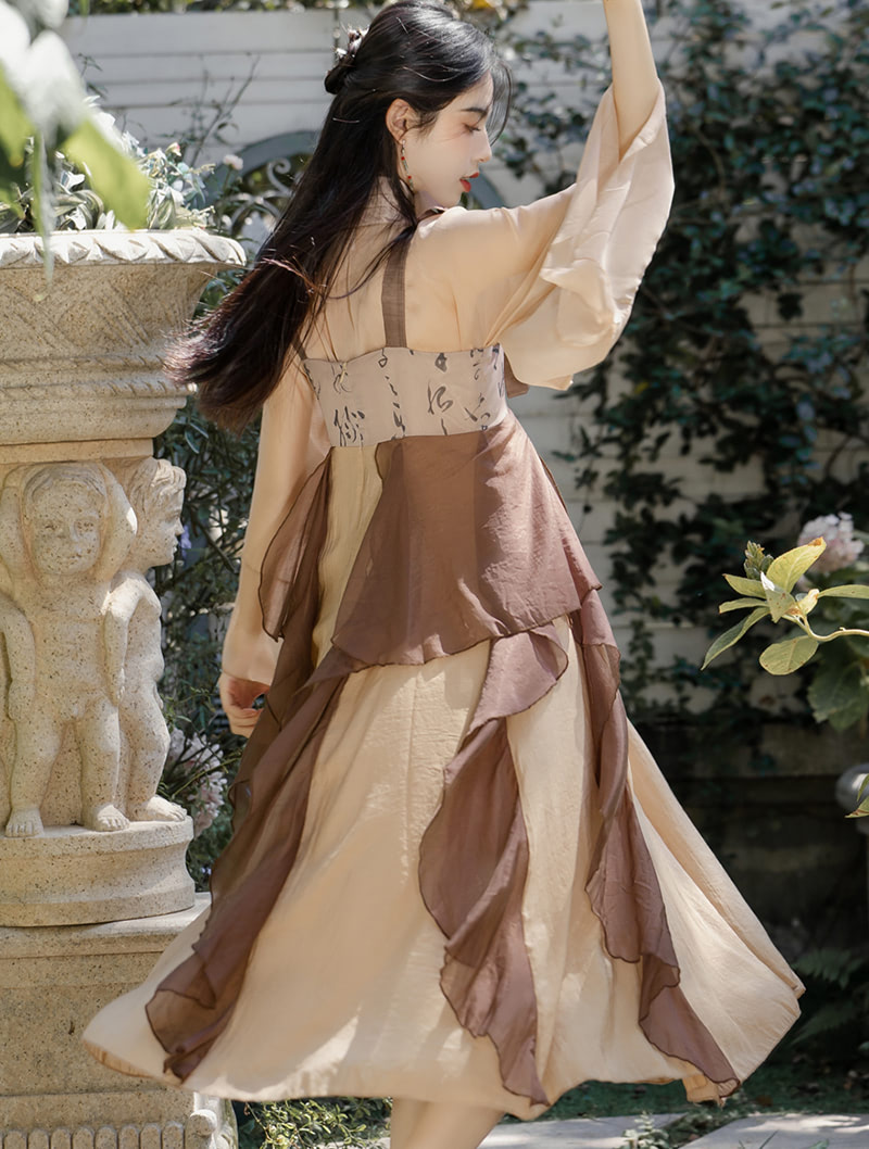 Chinese Traditional Costume Brown Slip Dress Modern Hanfu Suit05