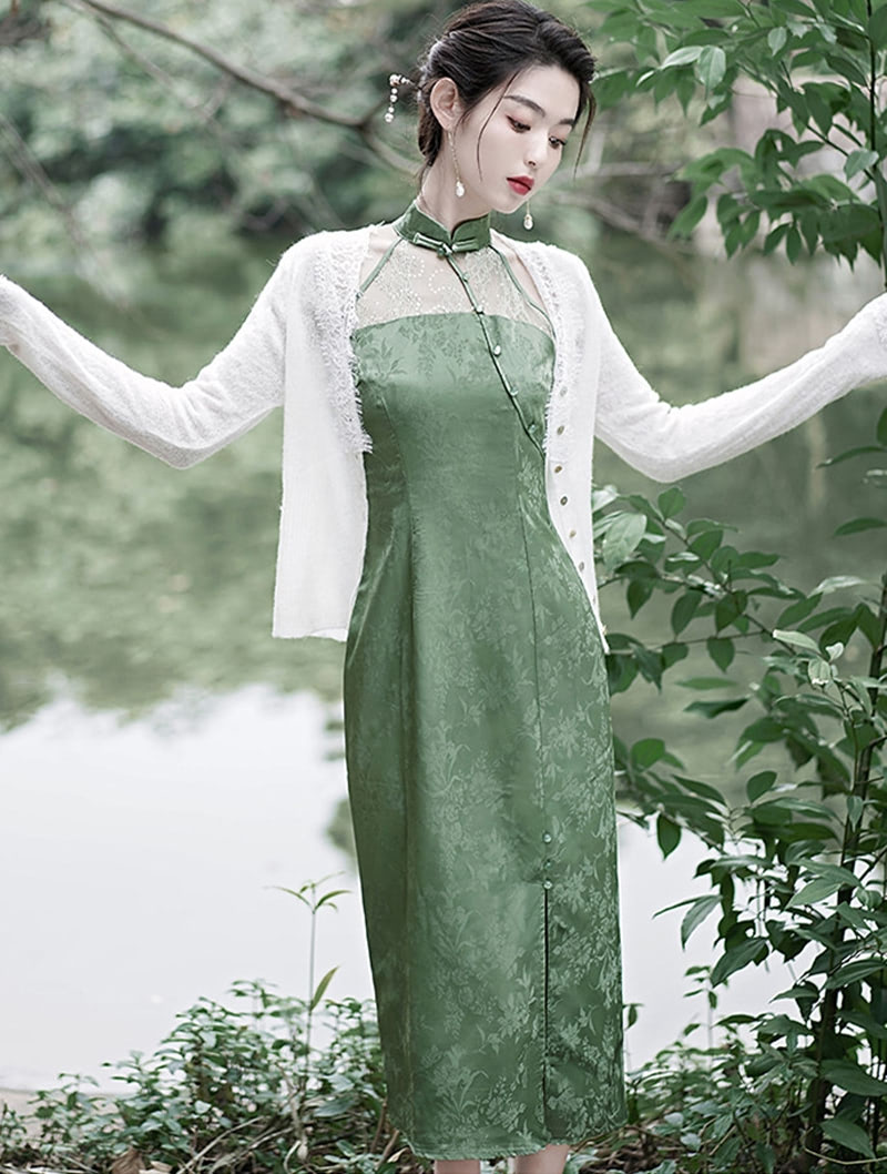 Chinese Traditional Green Qipao Sleeveless Cheongsam Long Dress01