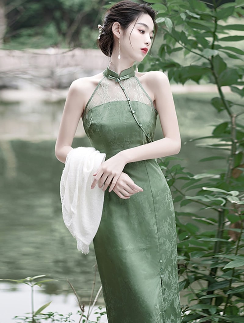 Chinese Traditional Green Qipao Sleeveless Cheongsam Long Dress02