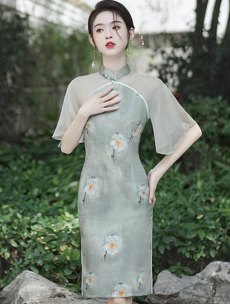 Chinese Traditional Modern Green Mini Casual Qipao Dress Prom Outfit01