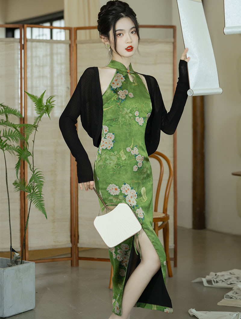 Classic Green Chinese Cheongsam Dress Midi Qipao Gowns Costume01