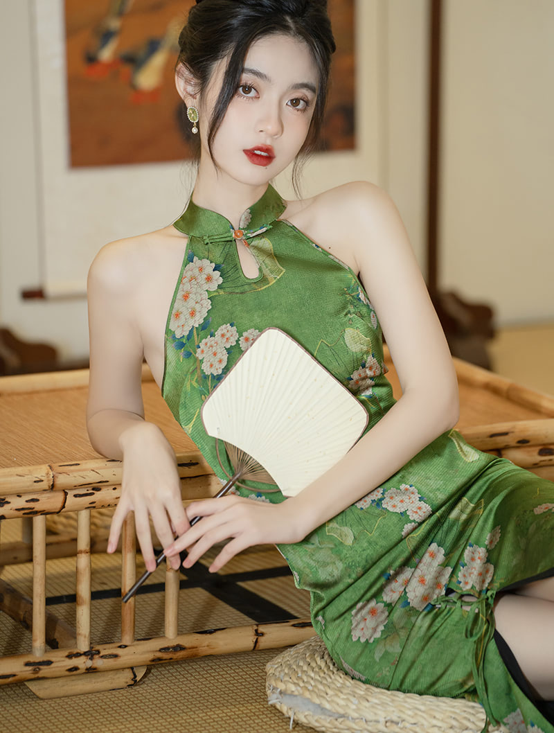 Classic Green Chinese Cheongsam Dress Midi Qipao Gowns Costume02