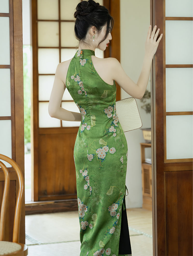 Classic Green Chinese Cheongsam Dress Midi Qipao Gowns Costume05