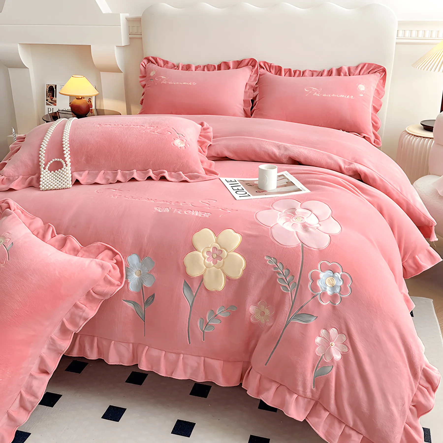 Comfy Milk Fiber Embroidery Quilt Cover Bed Sheet Pillowcases Set01