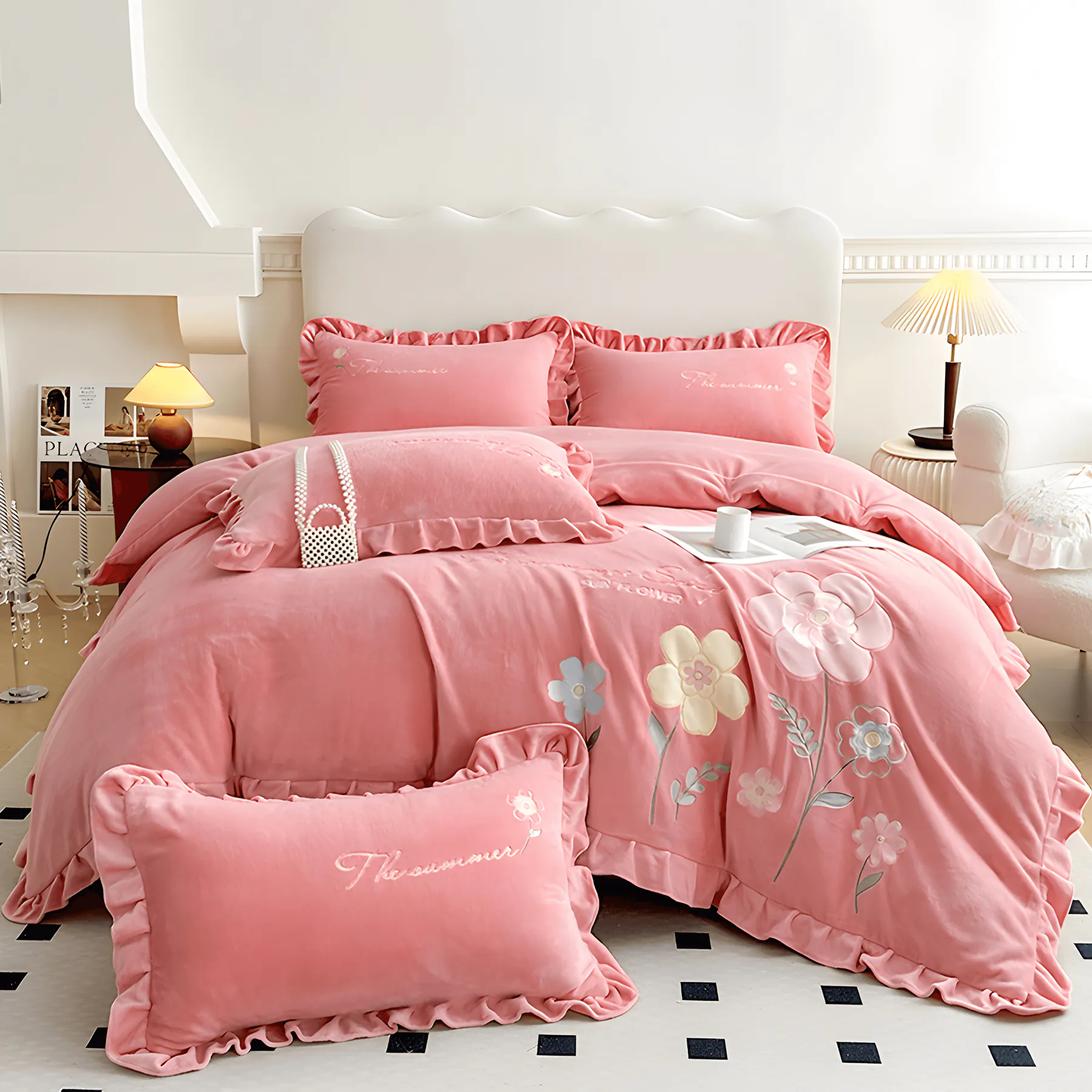 Comfy Milk Fiber Embroidery Quilt Cover Bed Sheet Pillowcases Set02
