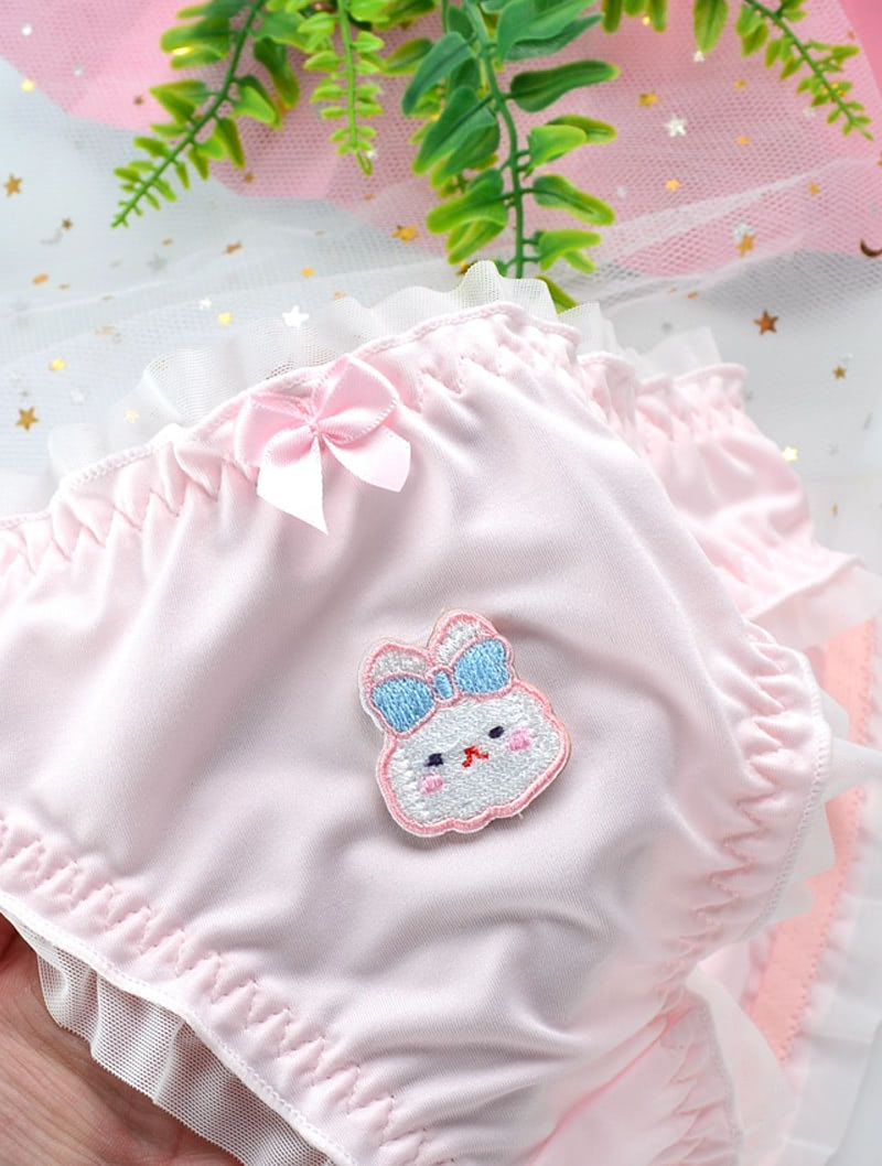 Cute Rabbit Embroidery Mesh Fleece Milk Fiber Satin Underwear01