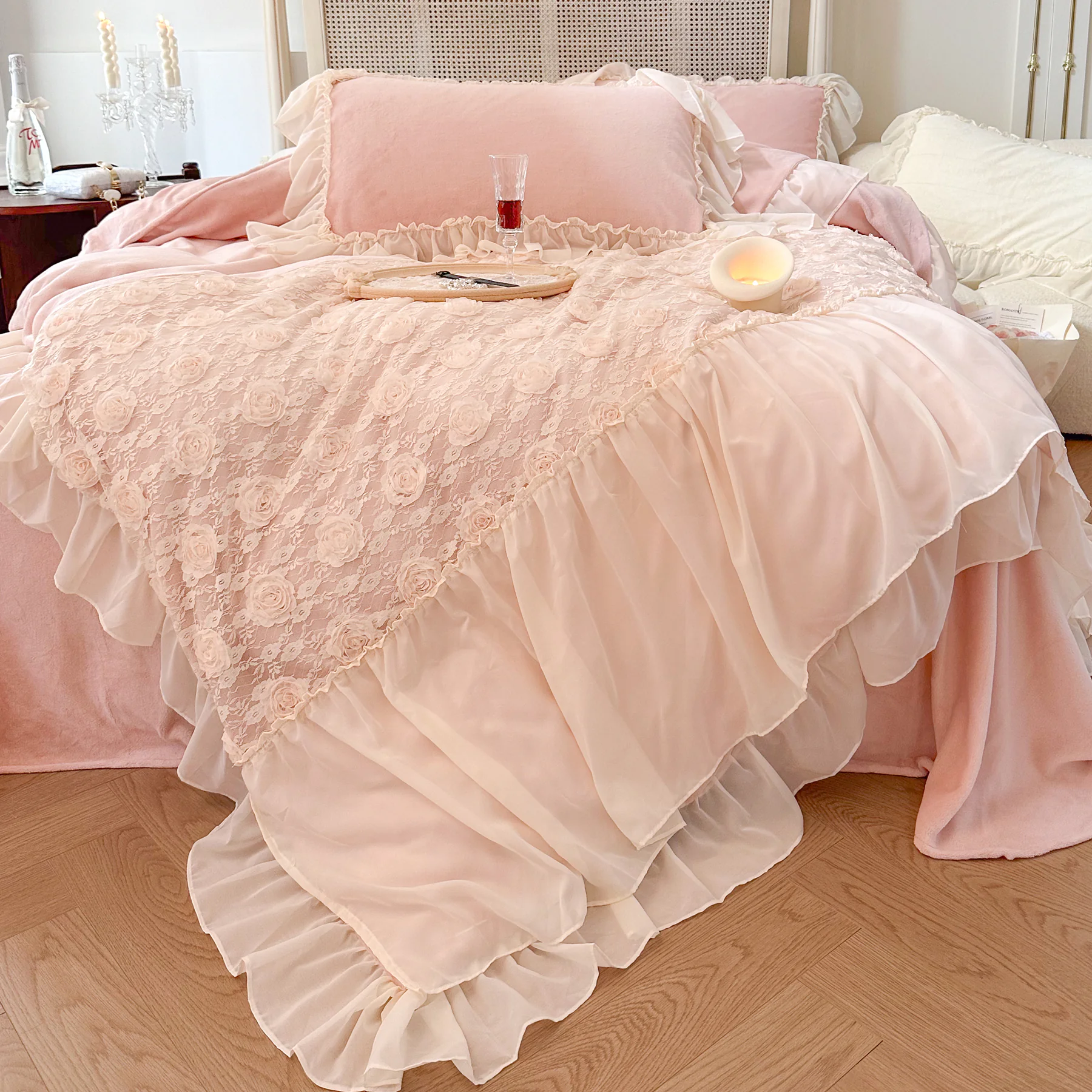 Elegant Milk Fiber Chiffon Lace Flower Duvet Cover Bedding 4 Pcs Set01