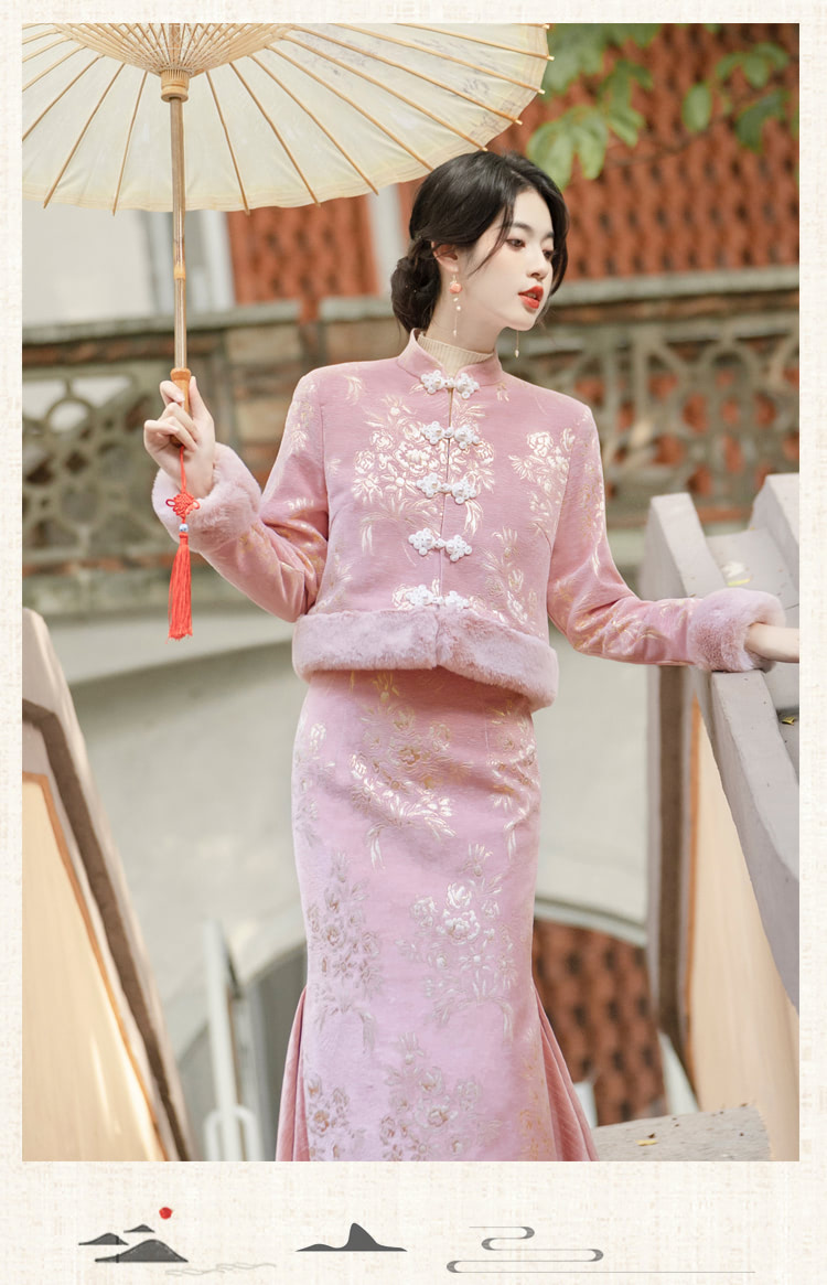 Elegant-Pink-Jacquard-Thick-Warm-Modern-Qipao-Dress-Casual-Outfit10
