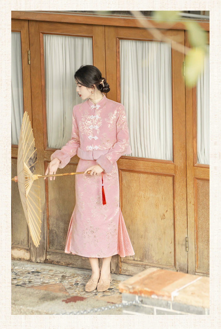 Elegant-Pink-Jacquard-Thick-Warm-Modern-Qipao-Dress-Casual-Outfit14