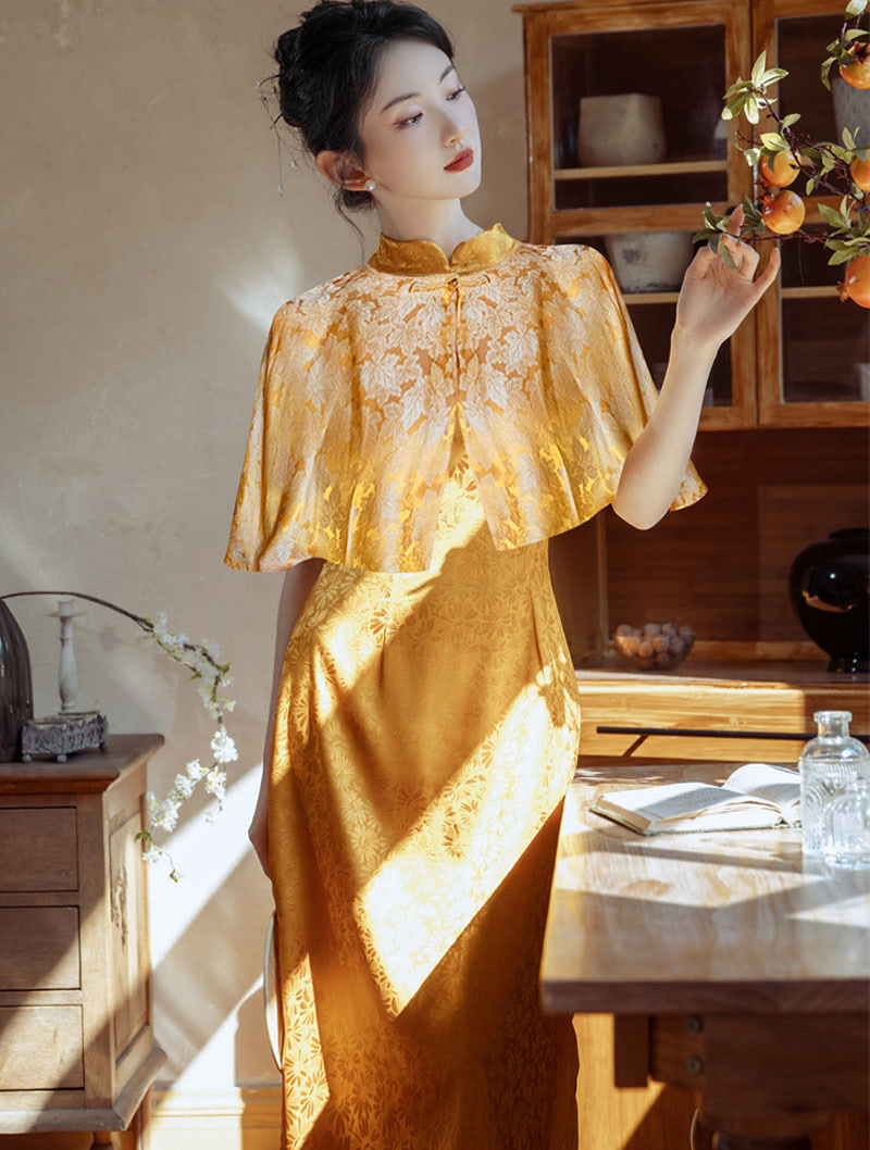 Elegant Yellow Sleeveless Jacquard Halter Qipao Cheongsam Dress01