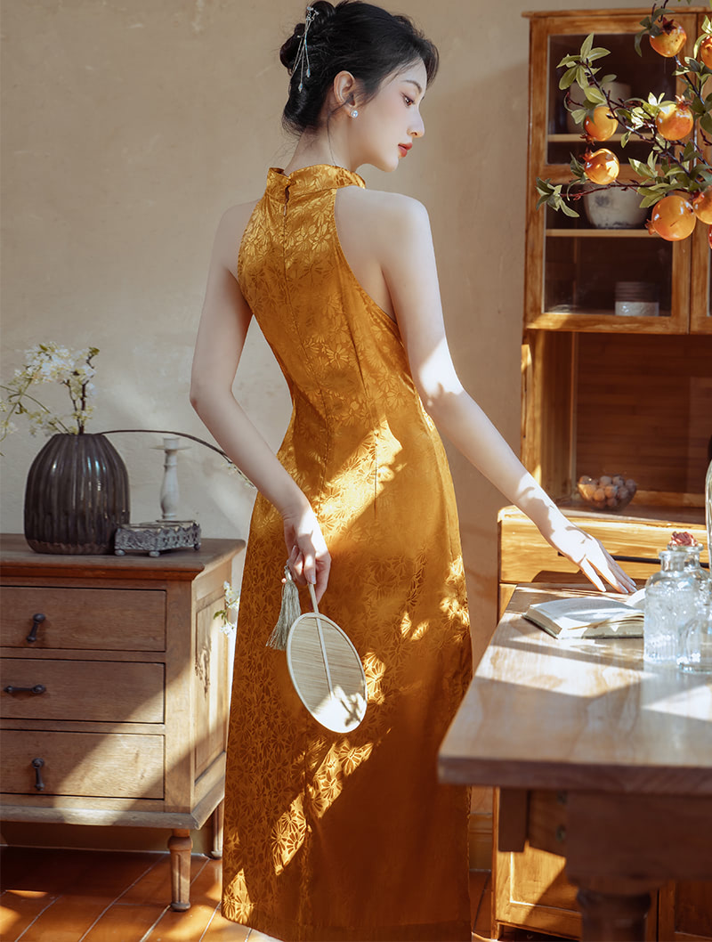 Elegant Yellow Sleeveless Jacquard Halter Qipao Cheongsam Dress01