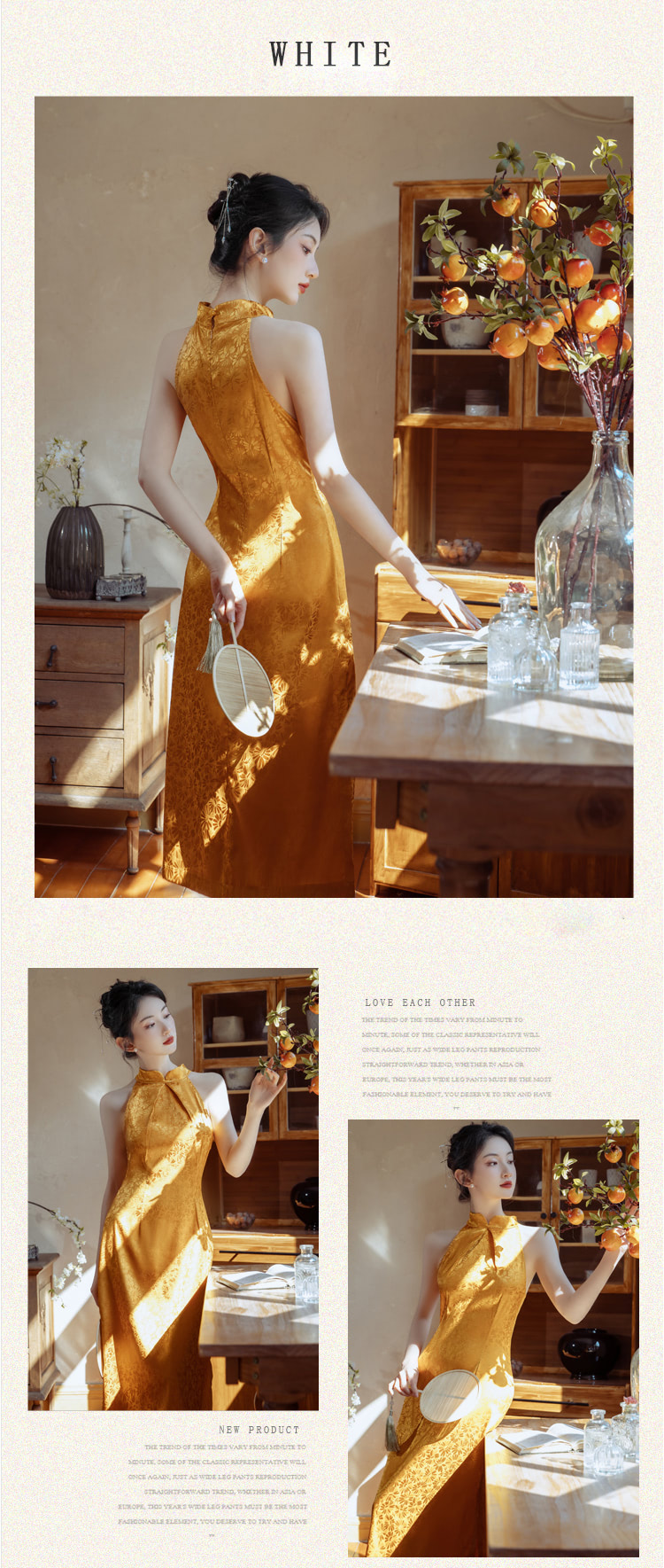 Elegant-Yellow-Sleeveless-Jacquard-Halter-Qipao-Cheongsam-Dress