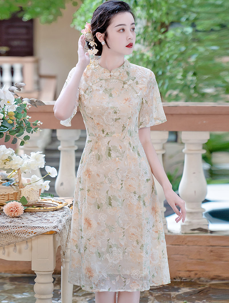 Embroidery Floral Print Improved Cheongsam Chiffon Qipao Dress01