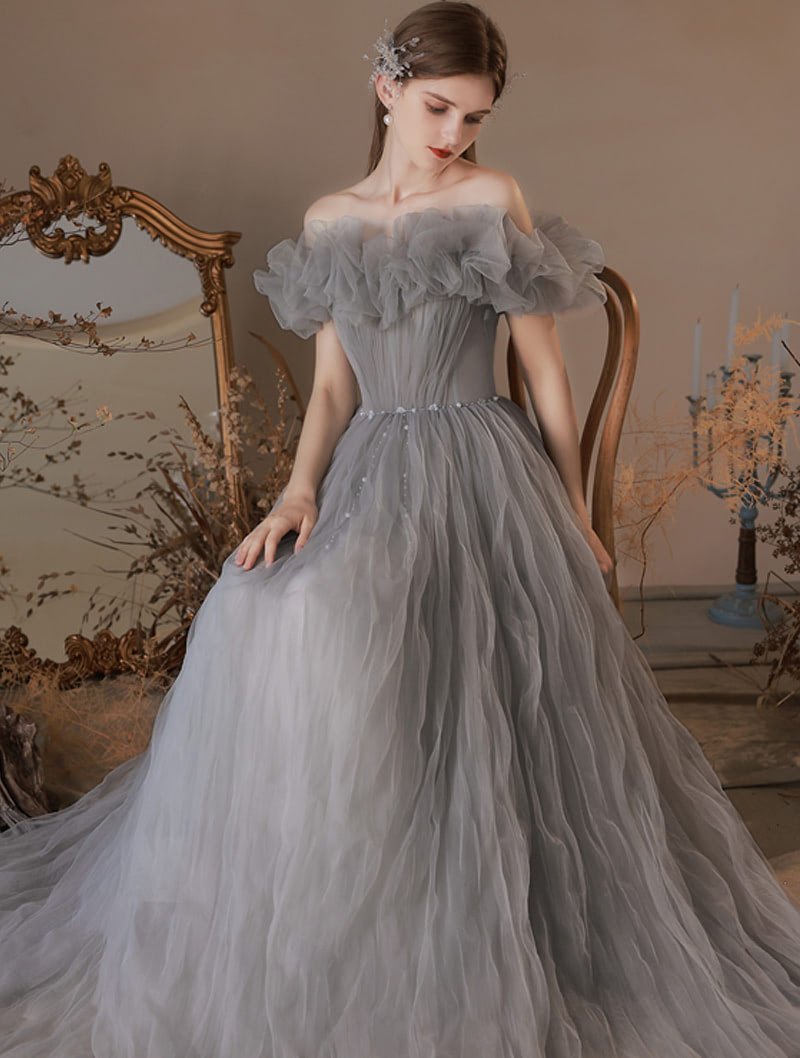 Fairy Off Shoulder Gray Engagement Evening Banquet Party Tulle Dress02
