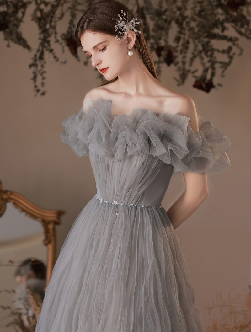 Fairy Off Shoulder Gray Engagement Evening Banquet Party Tulle Dress01